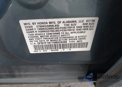 2006 Honda Pilot Ex-L from USA, damaged, VIN 5FNYF18776B029496